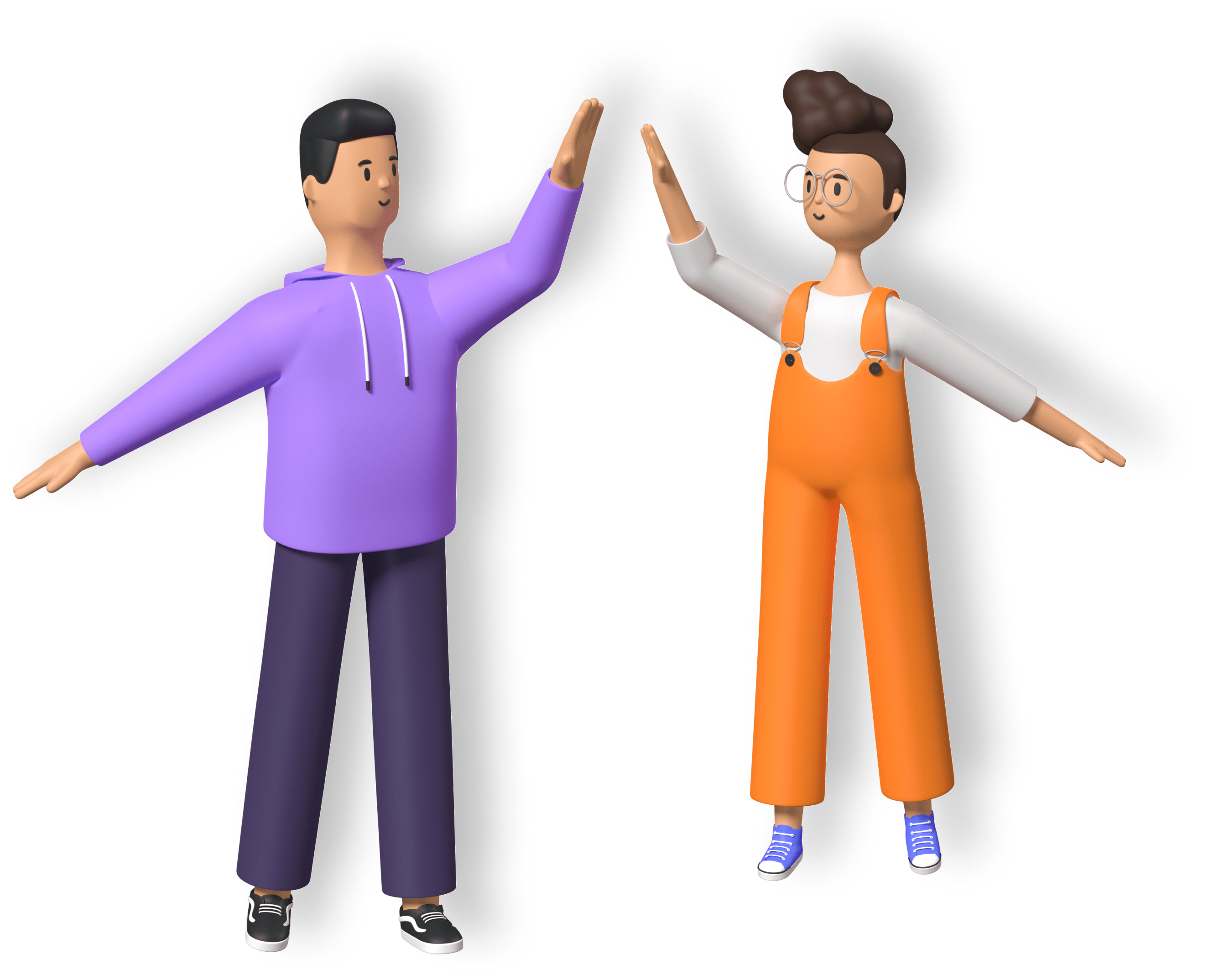 two people highfiving, one is in a purple sweatshirt with blue pants and is male, the other is a female in orange overalls